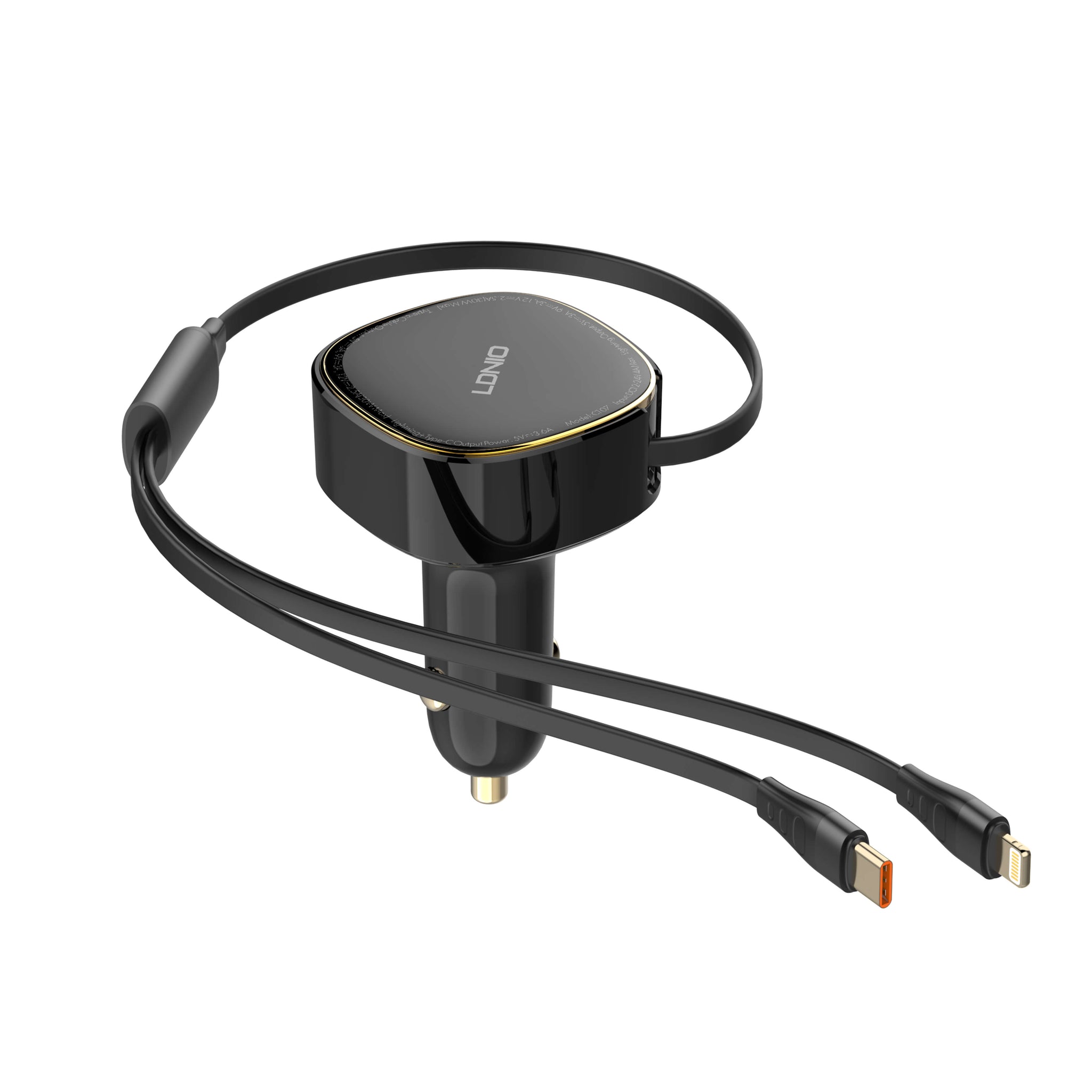 Ldnio 30W Car Charger with Type C & Lightning Retractable Cables -C107